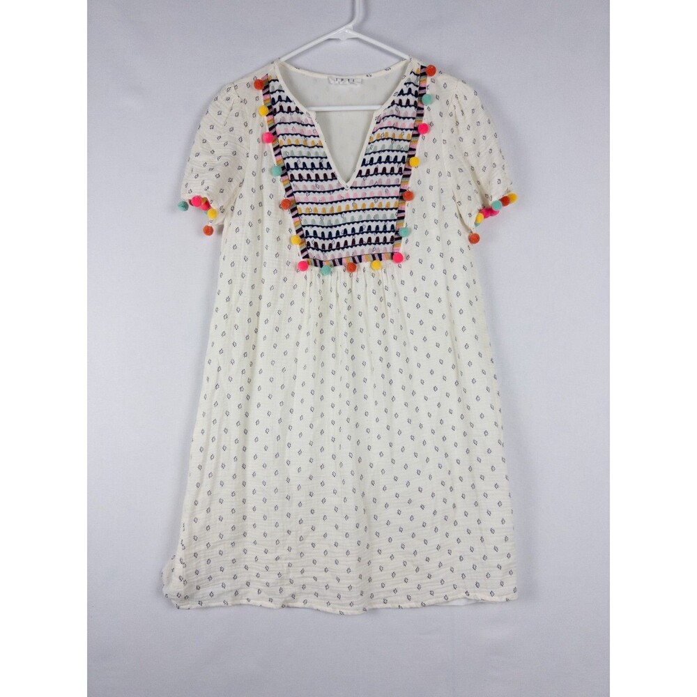 THML Anthropologie Dress Womens XS‎ Colorful V Neck Pom Pom Midi Rayon Blend